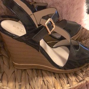 Black patent leather wedges